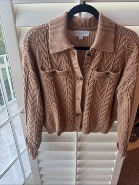 Central Park West Camel Cable Knit Button-Up Cardigan